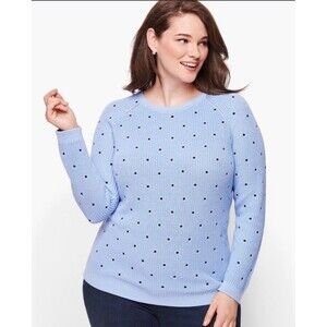 Talbots Blue Polka Dot Pima Cotton Pullover Sweater Size XL Embroidered